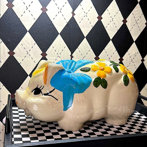 Oversized Chunky Piggy Ceramic Bank 14” Floral & Bow Decor – Whimsy Vintage - Picture 9 of 11